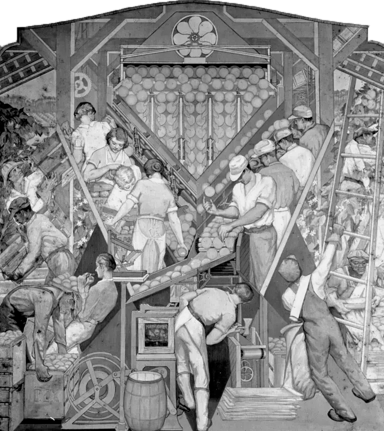 A mural depicting men, women, and children harvesting and packing organges.